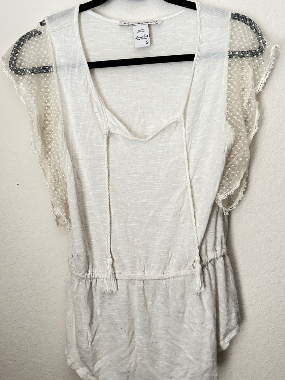 American Rag Cream Boho Tie-Front Top with Swiss Lace Sleeves